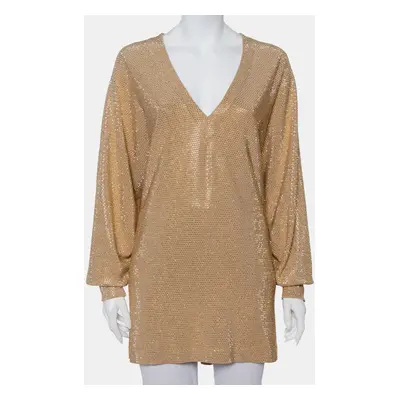 Balmain Gold Rhinestone Embellished Knit V-Neck Oversized Top