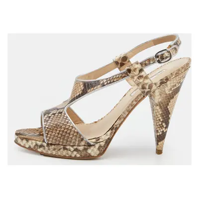 Oscar de la Renta Beige/Brown Python Leather Platform Ankle Strap Sandals Size