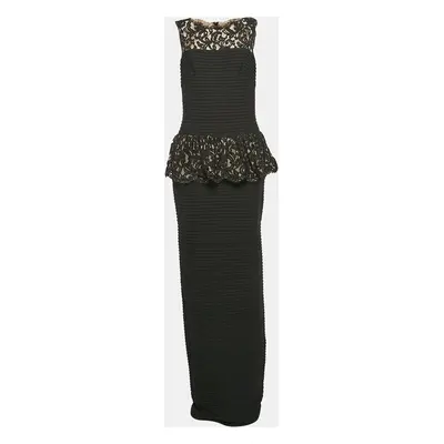 Tadashi Shoji Black Pintuck Jersey and Lace Peplum Cocktail Gown