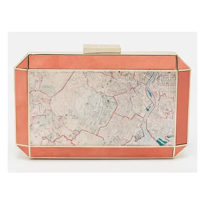 Anya Hindmarch Coral Orange Map Fabric and Suede Duke Box Clutch