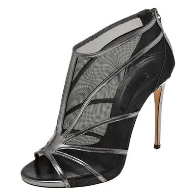 Casadei Metallic Grey/Black Leather and Mesh Open-Toe Ankle Booties Size