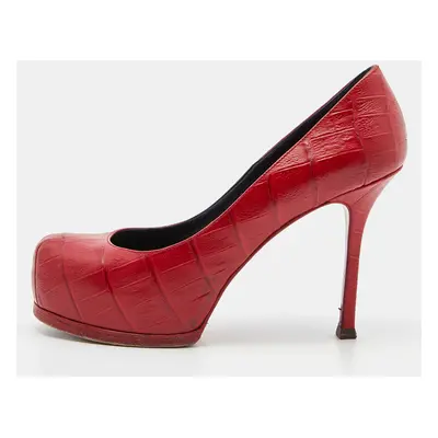 Saint Laurent Red Croc Embossed Leather Tribtoo Platform Pumps Size