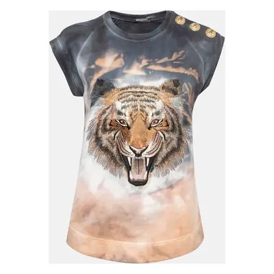 Balmain Multicolor Tiger Embroidered Dyed Cotton T-Shirt