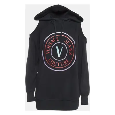 Versace Jeans Couture Black Logo Print Cotton Cold Shoulder Hooded Sweatshirt