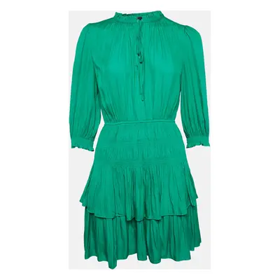 Maje Green Crepe Elasticized and Ruffle Detail Mini Dress