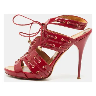 Alexander McQueen Red Patent Leather Lace Up Ankle Strap Sandals Size