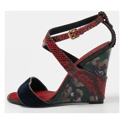 Louis Vuitton Dark Red/Navy Blue Snakeskin and Velvet Cross Ankle Strap Wedge Sandals Size