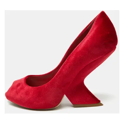 Dior Red Velvet Peep Toe Wedge Pumps Size