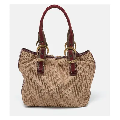 Dior Beige/Maroon Oblique Canvas,Suede and Patent Leather Tote