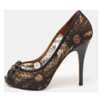 Valentino Black Lace and Leather Bow Peep Toe Pumps Size