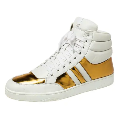 Gucci White/Gold Leather Lace Up High Top Sneakers Size 43.5