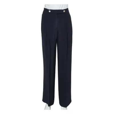 Valentino Navy Blue Silk Pleated Detail Palazzo Pants