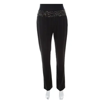 Escada Black Pinstriped Wool Embellished High Waist Detail Trousers