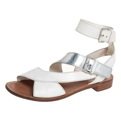 Prada White/Silver Leather Flat Ankle Strap Sandals Size