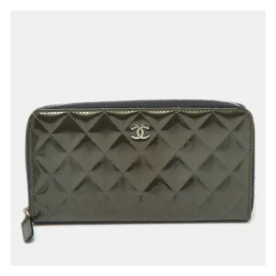 Chanel Olive Green Quilted Patent Leather Classic Zip Around Wallet