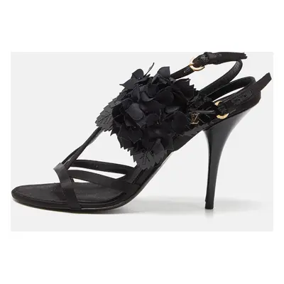 Louis Vuitton Black Satin and Patent Leather Flower Embellished Ankle Strap Sandals Size 38.5