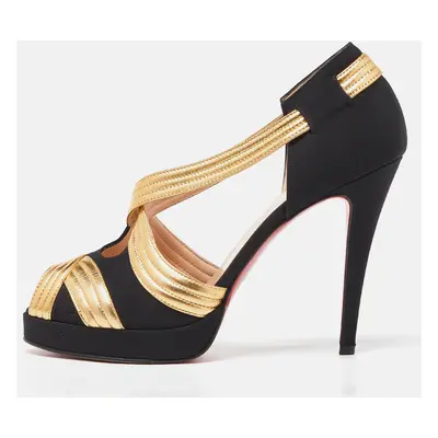 Christian Louboutin Black/Gold Fabric and Leather Josefa Platform Pumps Size 39.5