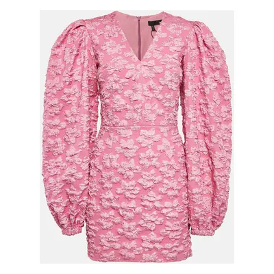 Rotate Birger Christensen Pink Floral Textured Crepe V-Neck Mini Dress