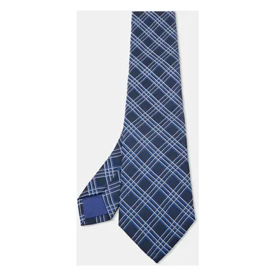 Boss by Hugo Boss Navy Blue Check Patterned Silk Tie