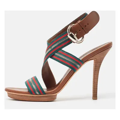 Gucci Tricolor Leather and Zip Web Canvas Ankle Wrap Sandals Size 39.5