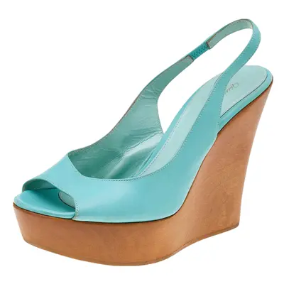 Gianvito Rossi Turquoise Leather Wedge Platform Slingback Sandals Size 38.5