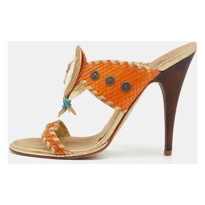 Giuseppe Zanotti Orange/Gold Python Embossed Leather Slides Sandals