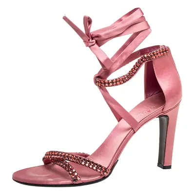 Gucci Pink Satin Crystal Embellished Ankle Wrap Sandals Size 38.5