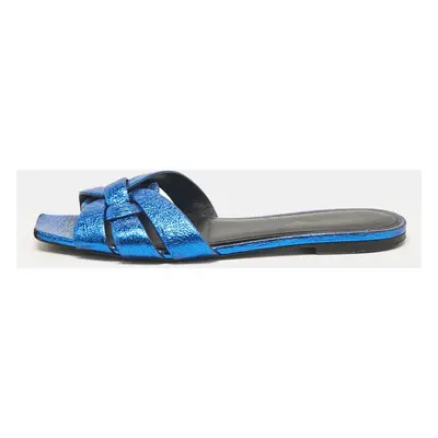 Saint Laurent Metallic Blue Leather Tribute Flat Slides Size 38.5