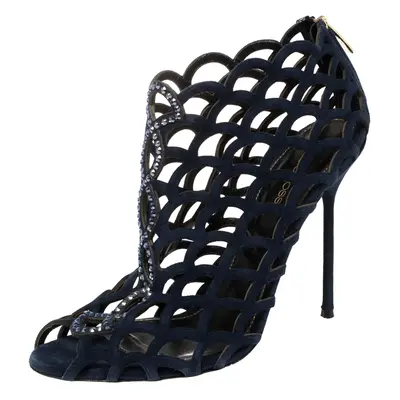 Sergio Rossi Blue Suede Crystal Embellished Scalloped Peep Toe Caged Booties Size