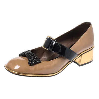 Marni Brown Patent Leather Embellished Bow Mary Jane Buckle Strap Pumps Size