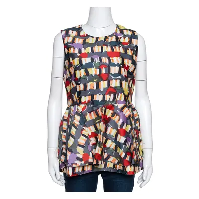 Marni Multicolour Abstract Printed Wool Blend Peplum Detail Sleeveless Top