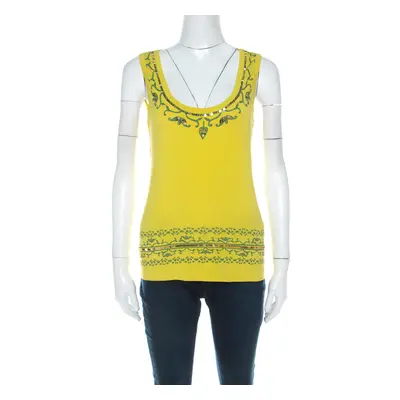 Alberta Ferretti Yellow Paisley Printed Cotton Sequin Detail Top