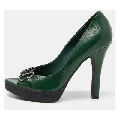 Gucci Green Patent Leather Horsebit Peep Toe Pumps Size