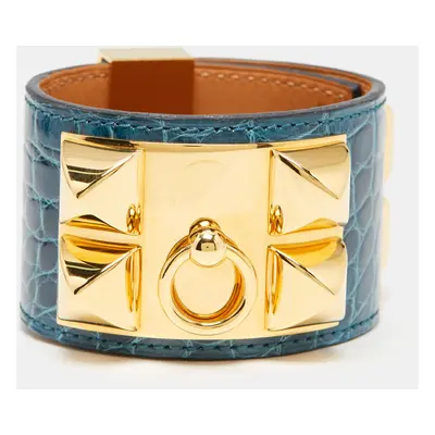 Hermes Collier De Chien Green Alligator Leather Gold Plated Bracelet