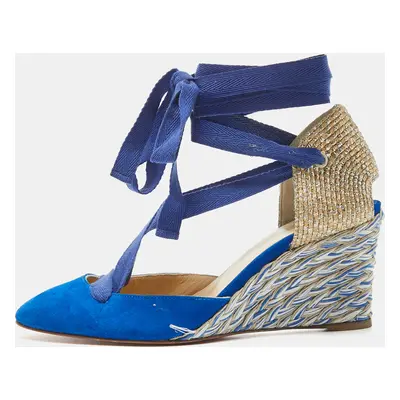 Christian Louboutin Blue/Gold Raffia and Suede Wedge Pumps Size