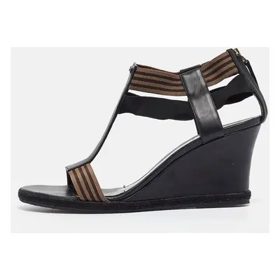 Fendi Black/Brown Leather and Elastic T-Strap Wedge Sandals Size