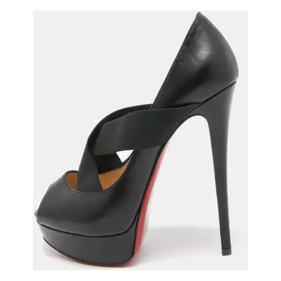 Christian Louboutin Black Leather and Elastic Cross Strap Platform Peep Toe Pumps Size 38.5