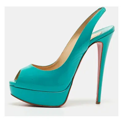 Christian Louboutin Turquoise Patent Leather Lady Peep Sling Pumps Size 39.5