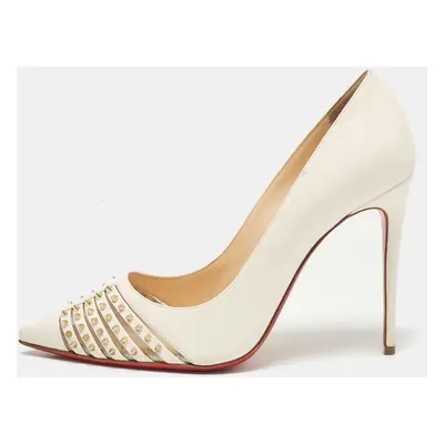 Christian Louboutin White Leather Spiked Bareta Pumps Size 37.5