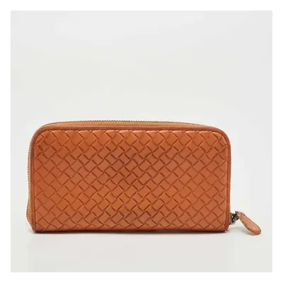 Bottega Veneta Orange Intrecciato Leather Zip Around Continental Wallet