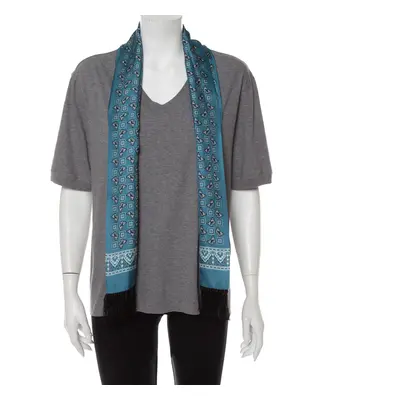 Dolce & Gabbana Grey Cotton V-Neck T-Shirt with Butterfly Printed Tasseled Silk Scarf