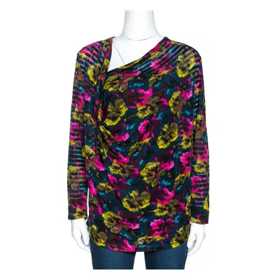 Kenzo Multicolor Printed Silk Asymmetric Draped Neck Top