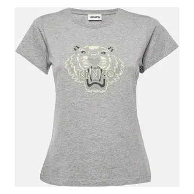 Kenzo Grey Tiger Logo Flocked Jersey T-Shirt