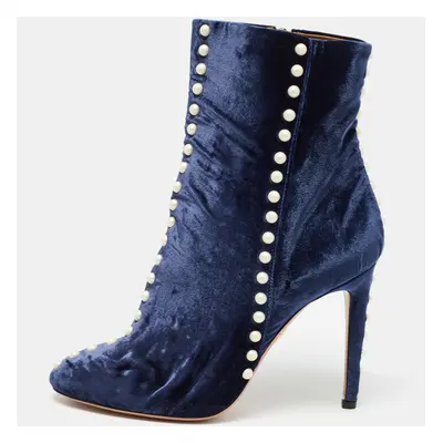 Aquazzura Blue Velvet Follie Pearls Ankle Boots Size 39.5