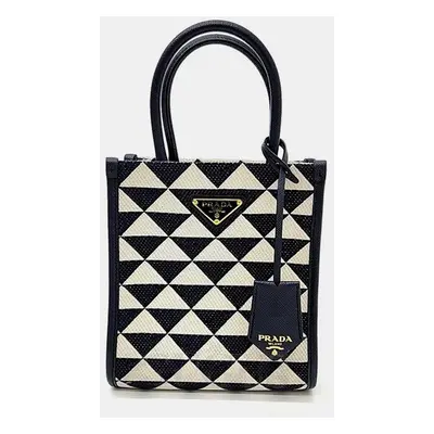 Prada Cream/Black Triangle Canvas and Leather Symbole Tote Bag