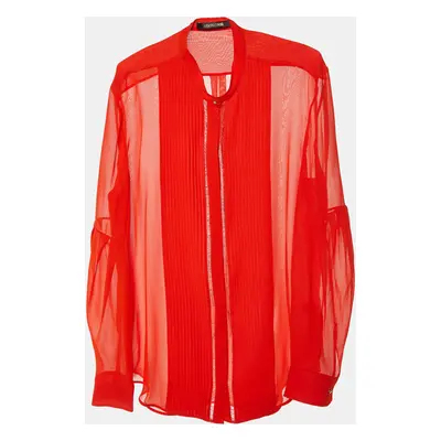 Roberto Cavalli Coral Red Silk Pintuck Detail Button Front Shirt