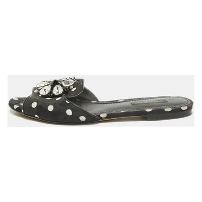 Dolce & Gabbana Black Polka Dot Canvas Bianca Flat Slides Size