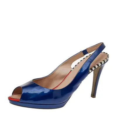 Sergio Rossi Blue Patent Leather Peep Toe Slingback Sandals Size