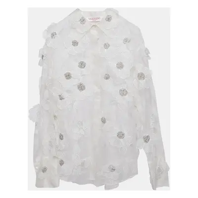 Valentino White Floral Embellished Organza Silk Sheer Shirt