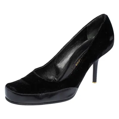 Sergio Rossi Black Velvet and Leather Square Toe Pumps Size 38.5